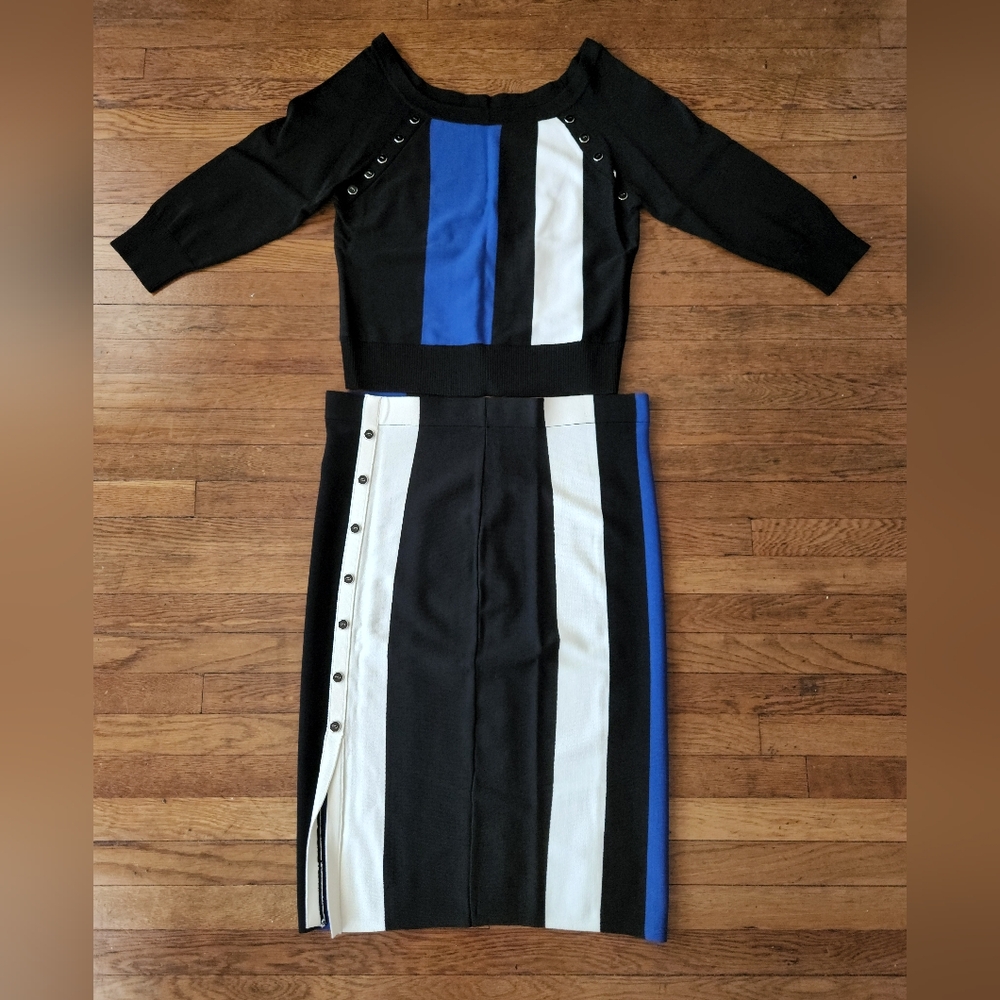 NWT Elegant Black and Blue Long Sleeve Dress 7th Avenue New York and Company